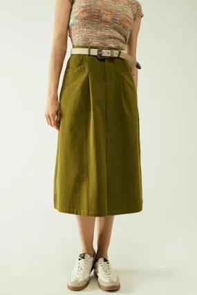 A Line Midi Khaki Skirt with Pockets in Khaki