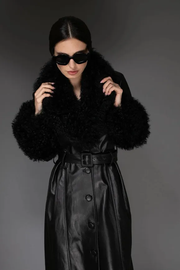 Aw Trench Coat - Black Italian Leather & Mongolian Accent