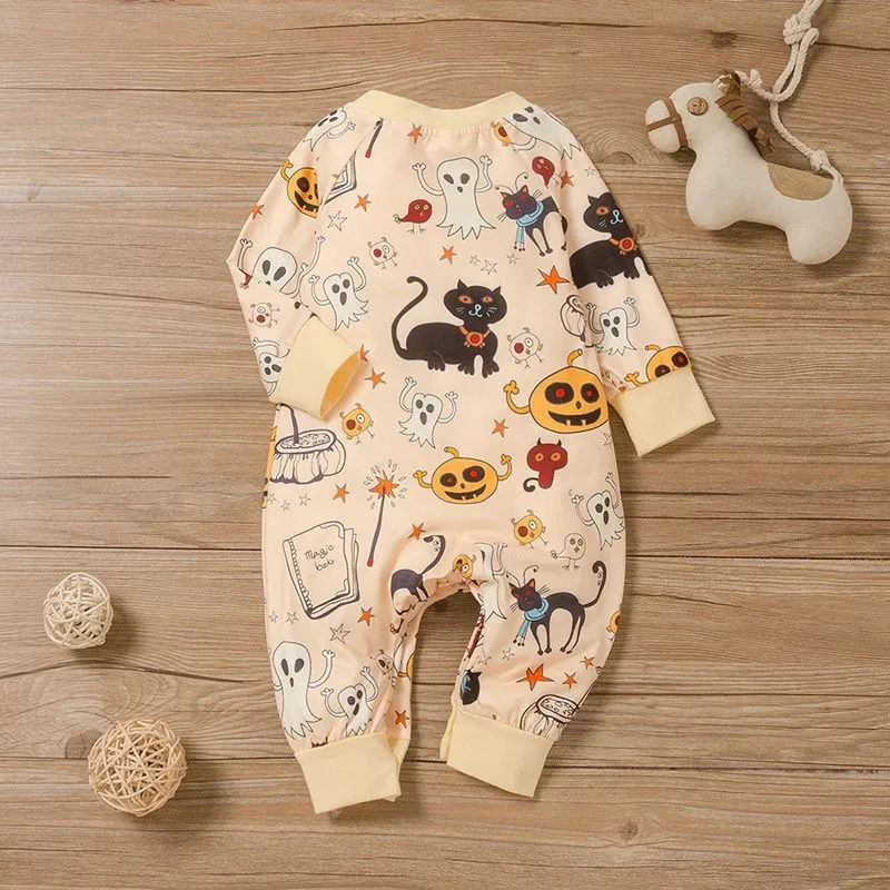 Baby Halloween Pumpkin Black Cat Ghost Print Long Sleeve Jumpsuit