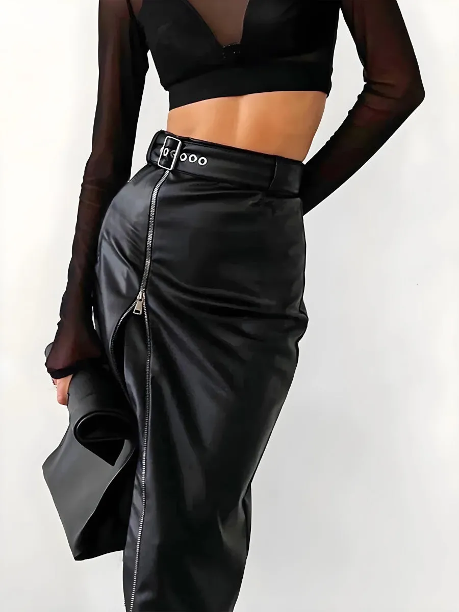 Baddie Zip Up Slit Midi Skirt