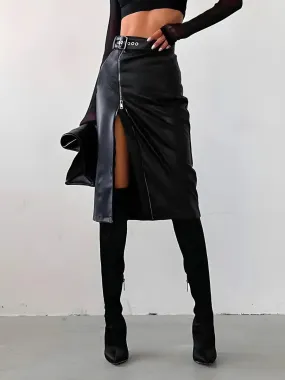 Baddie Zip Up Slit Midi Skirt