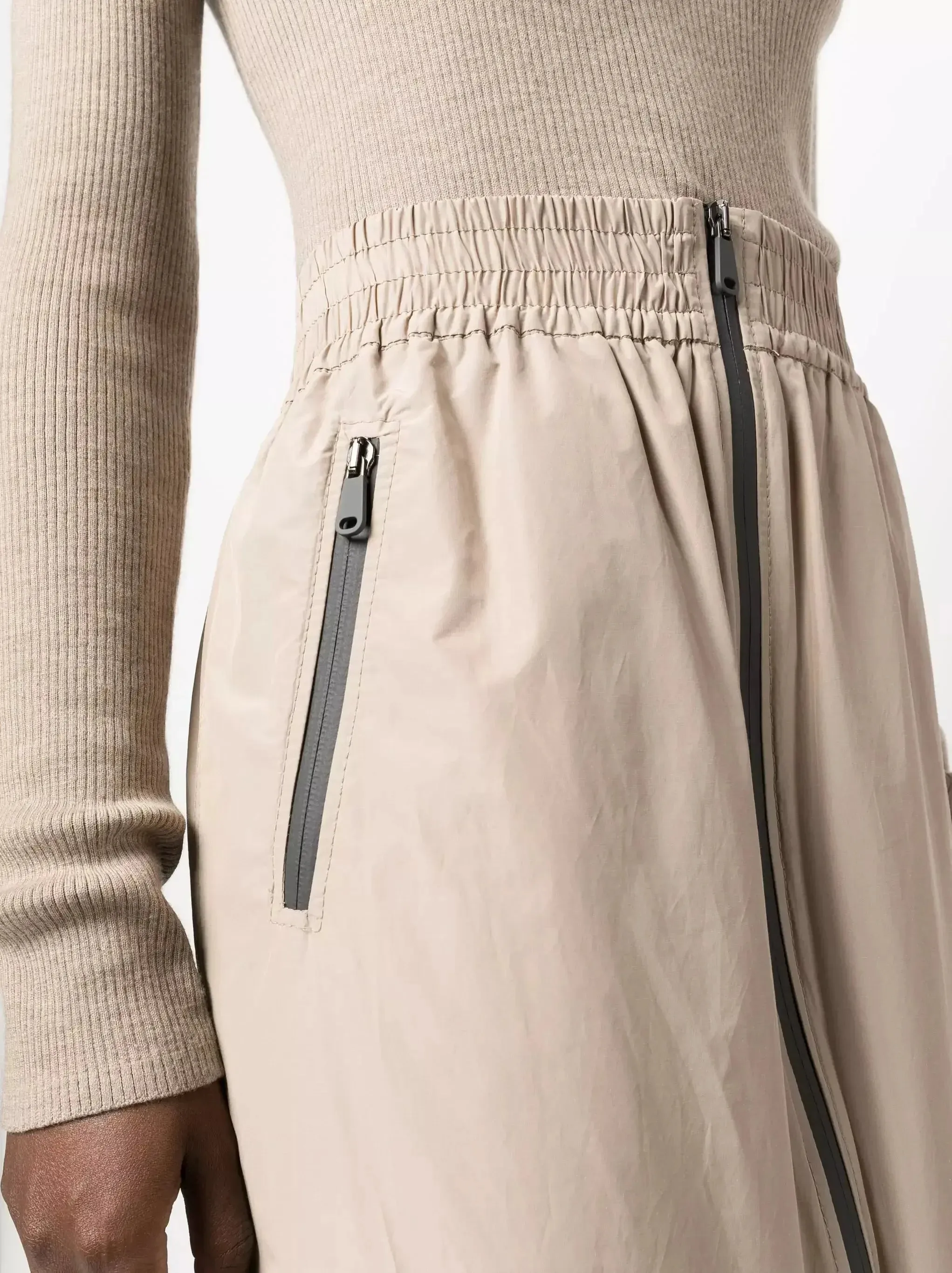 Beige Cotton Maxi Skirt with Black Zip Contrast