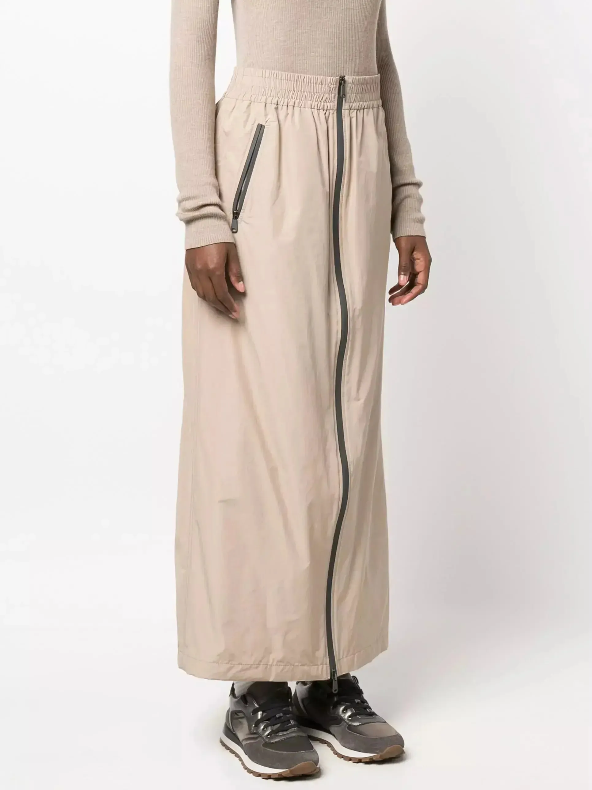 Beige Cotton Maxi Skirt with Black Zip Contrast