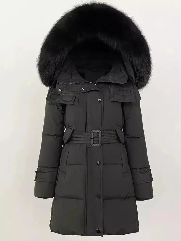 Belted Fur-Hooded Down Coat in Black