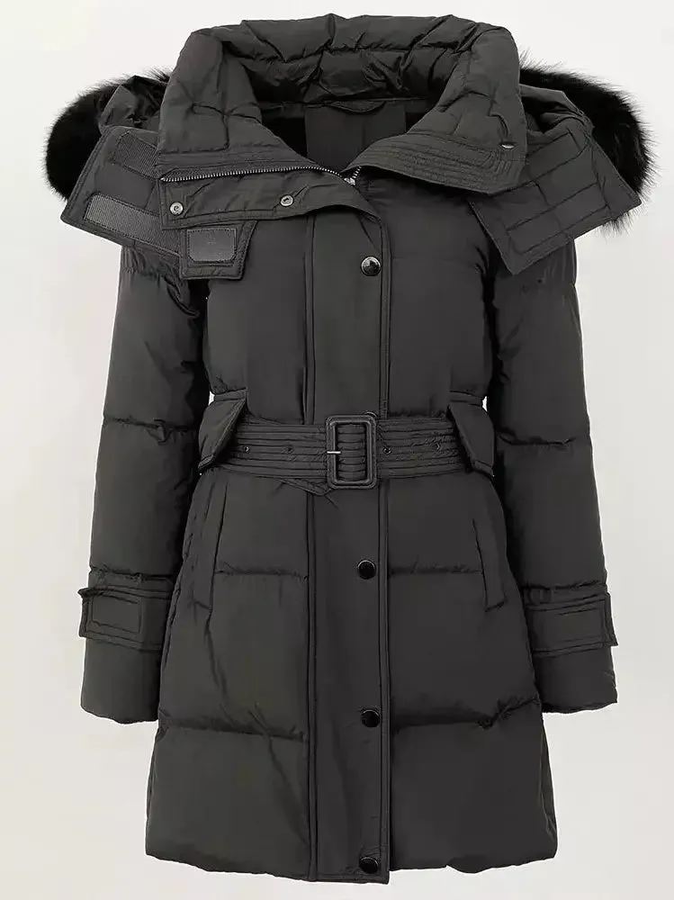 Belted Fur-Hooded Down Coat in Black