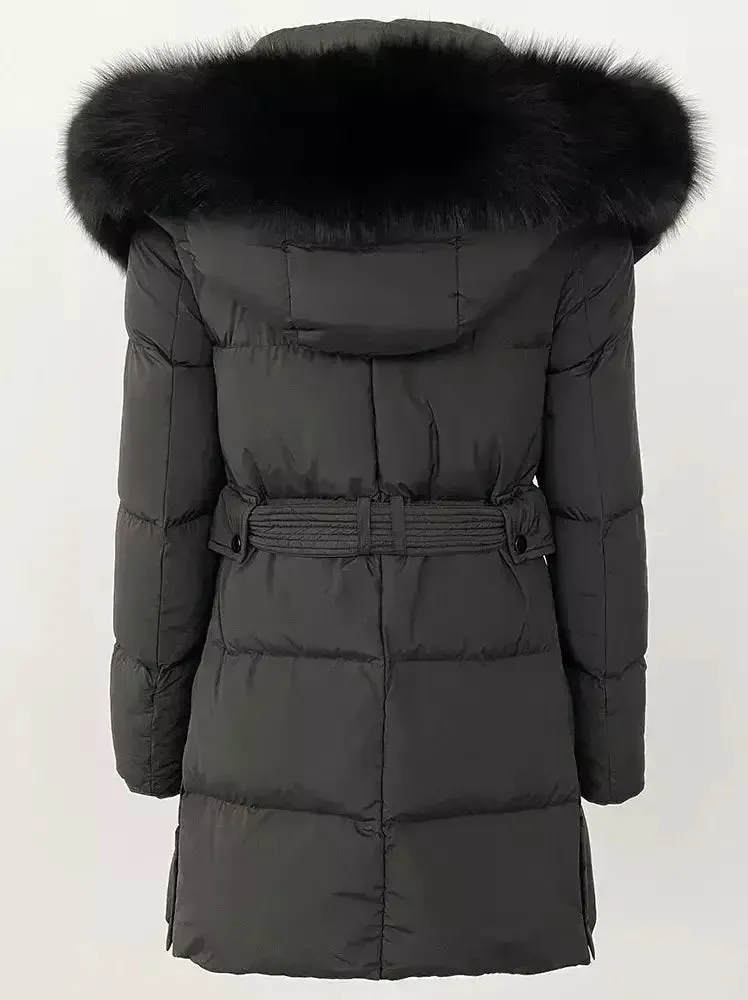 Belted Fur-Hooded Down Coat in Black