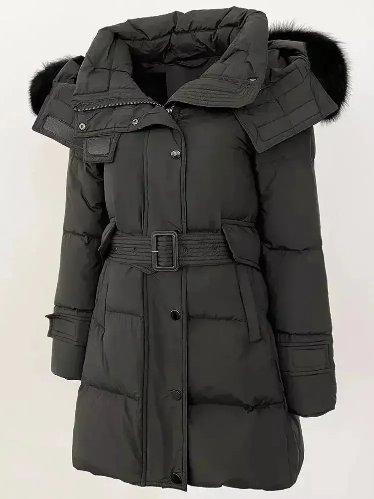 Belted Fur-Hooded Down Coat in Black