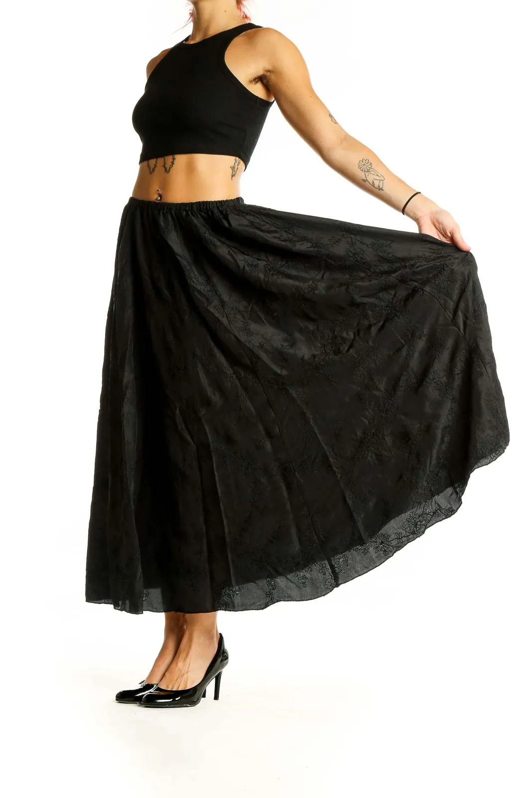 Black Cotton Flowy Maxi Skirt