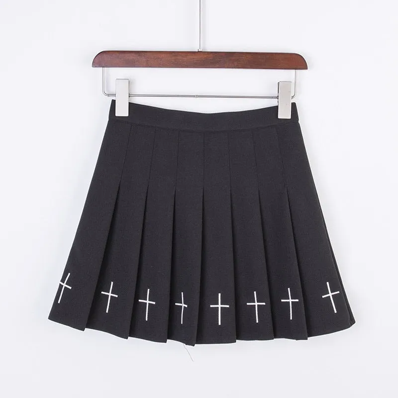 Black High Waist Mini Skirts Punk Pleated Vintage Skirt Gothic Streetwear Cross Print  Skirts Lolita  Skirt