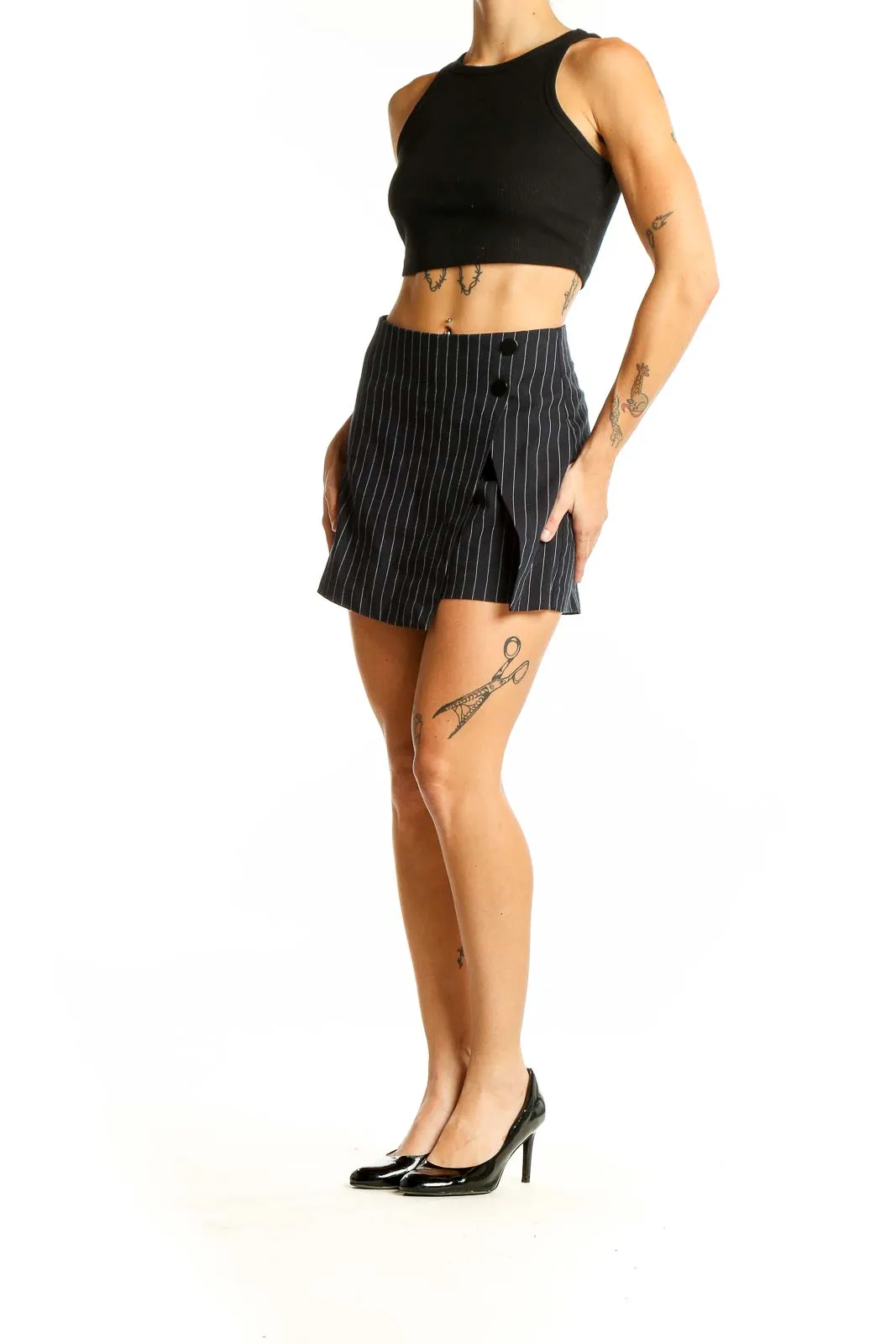 Black Pinstripe Wrap Mini Skirt