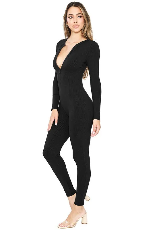 Black Snatched Long Sleeve Jumpsuits With Zipper Detai