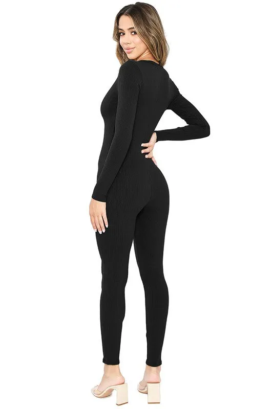 Black Snatched Long Sleeve Jumpsuits With Zipper Detai