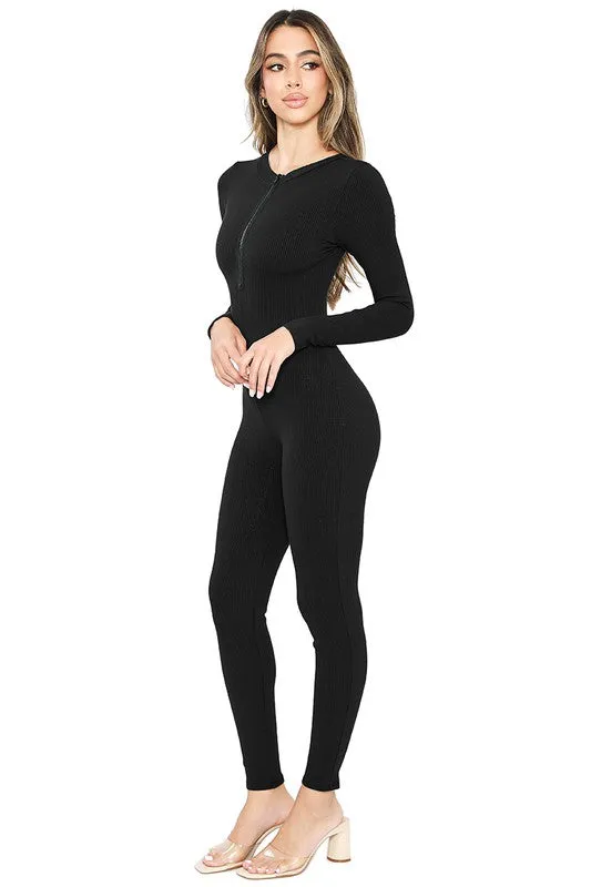 Black Snatched Long Sleeve Jumpsuits With Zipper Detai