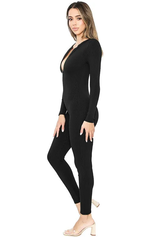 Black Snatched Long Sleeve Jumpsuits With Zipper Detai