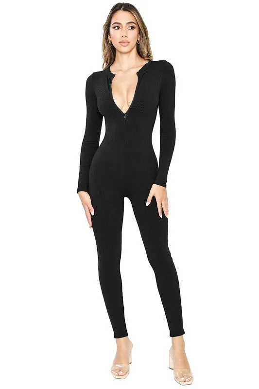 Black Snatched Long Sleeve Jumpsuits With Zipper Detai