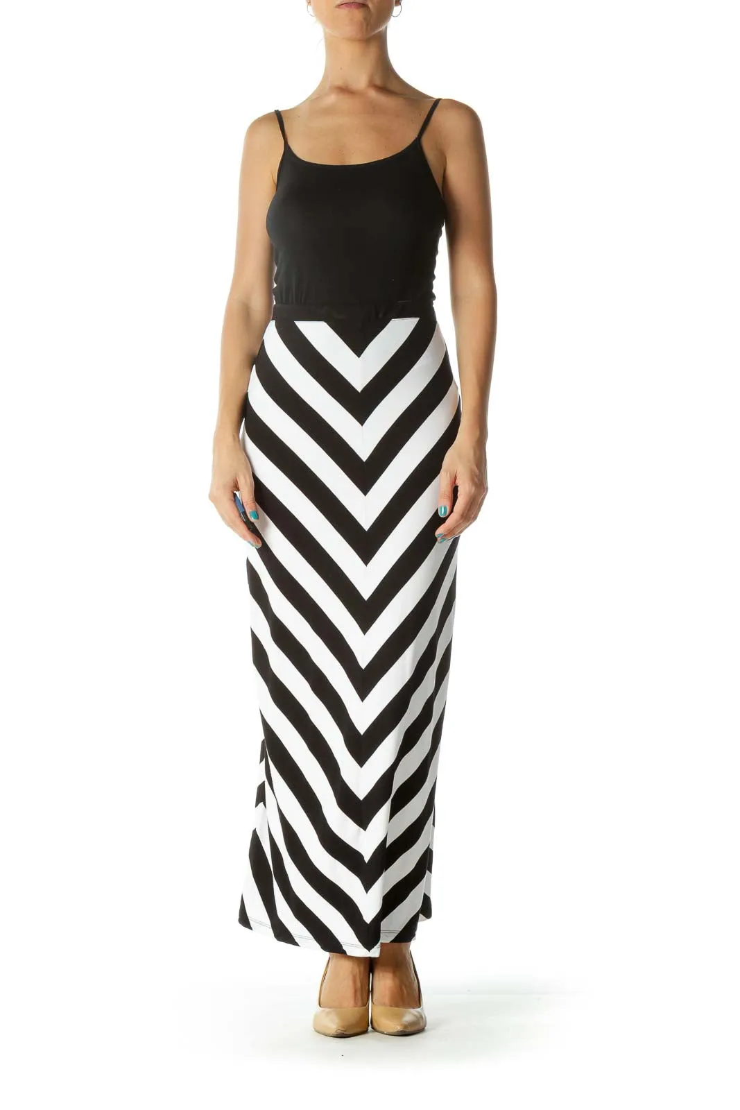 Black White Chevron Print Maxi Skirt