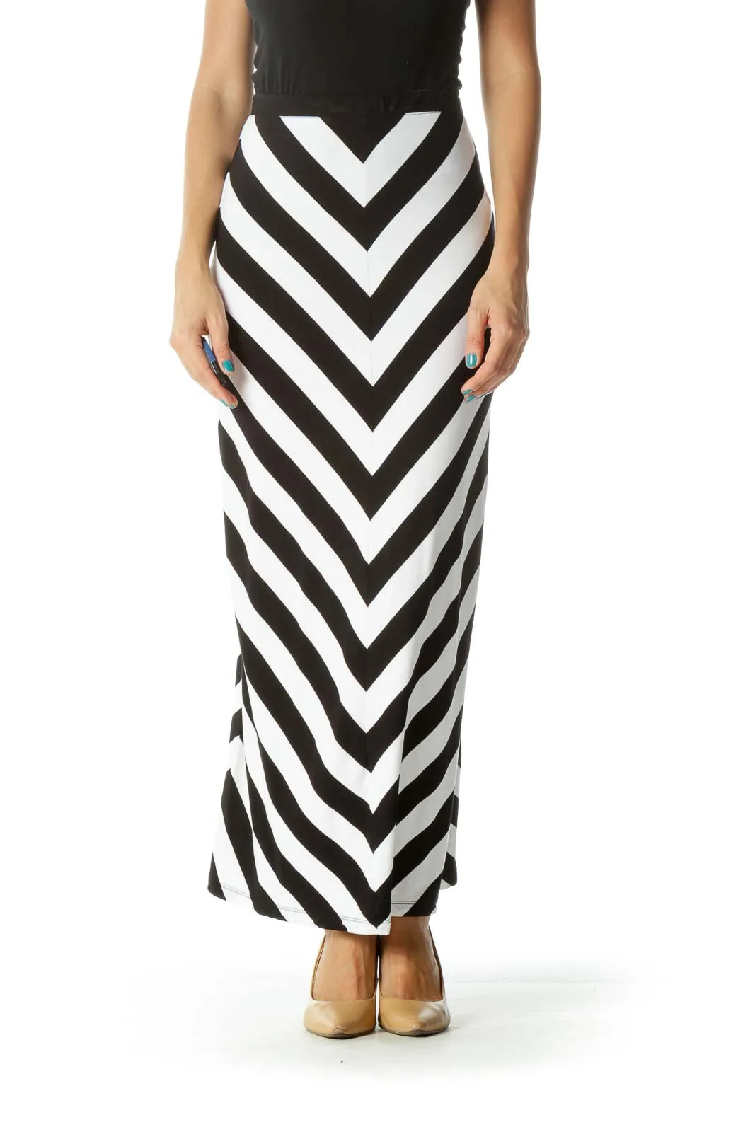 Black White Chevron Print Maxi Skirt