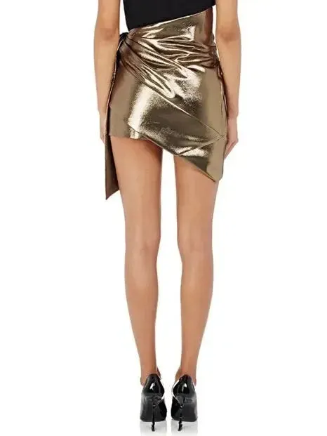 Bow-Accented Gold Lamé Mini Skirt