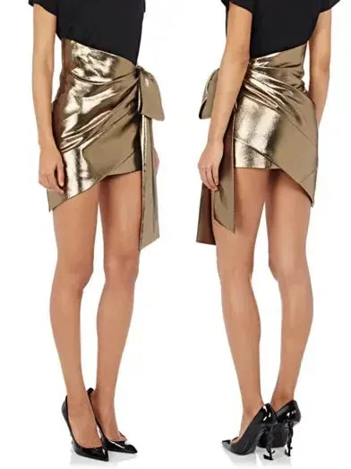 Bow-Accented Gold Lamé Mini Skirt