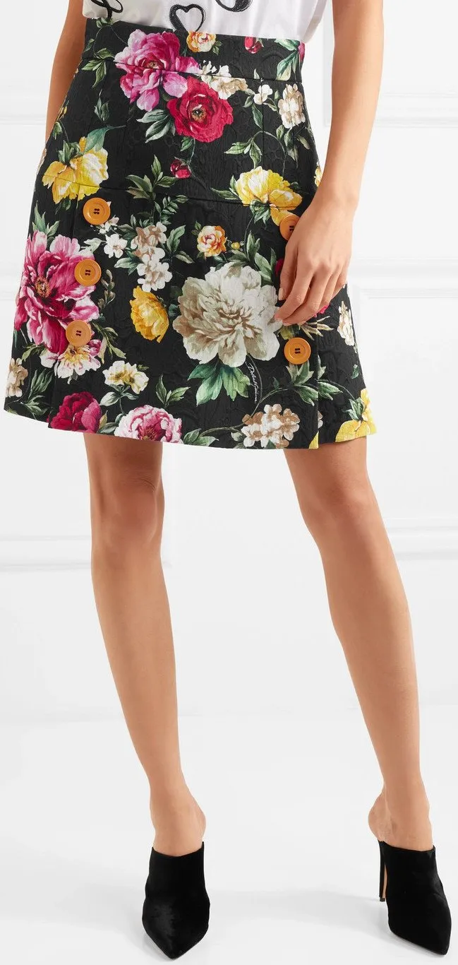 Button-Detailed Floral-Jacquard Mini Skirt