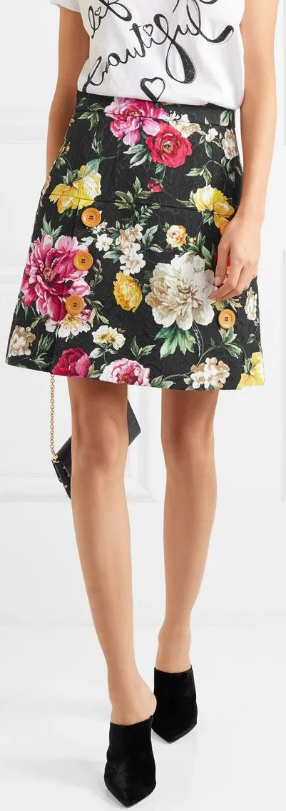 Button-Detailed Floral-Jacquard Mini Skirt