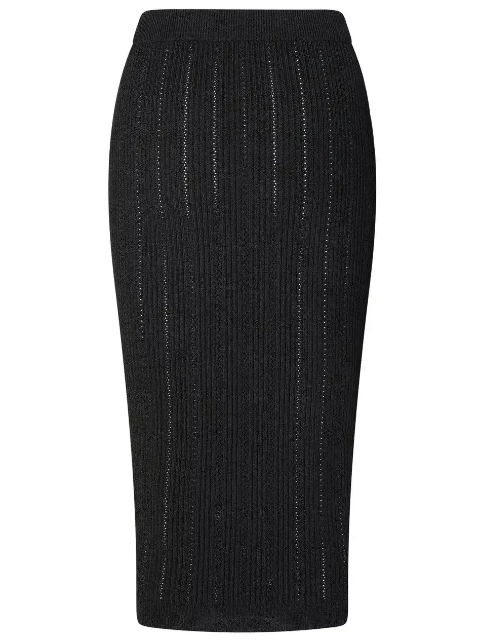 Buttoned Knitted Black Midi Skirt