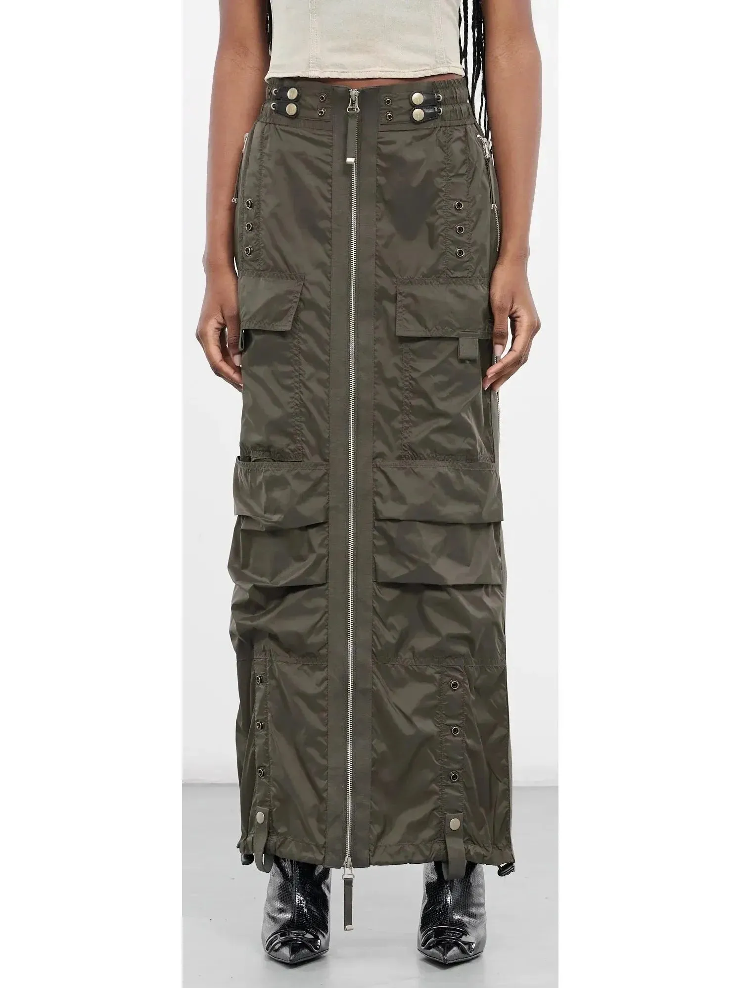 Cargo Maxi Zip Skirt in Dark Green