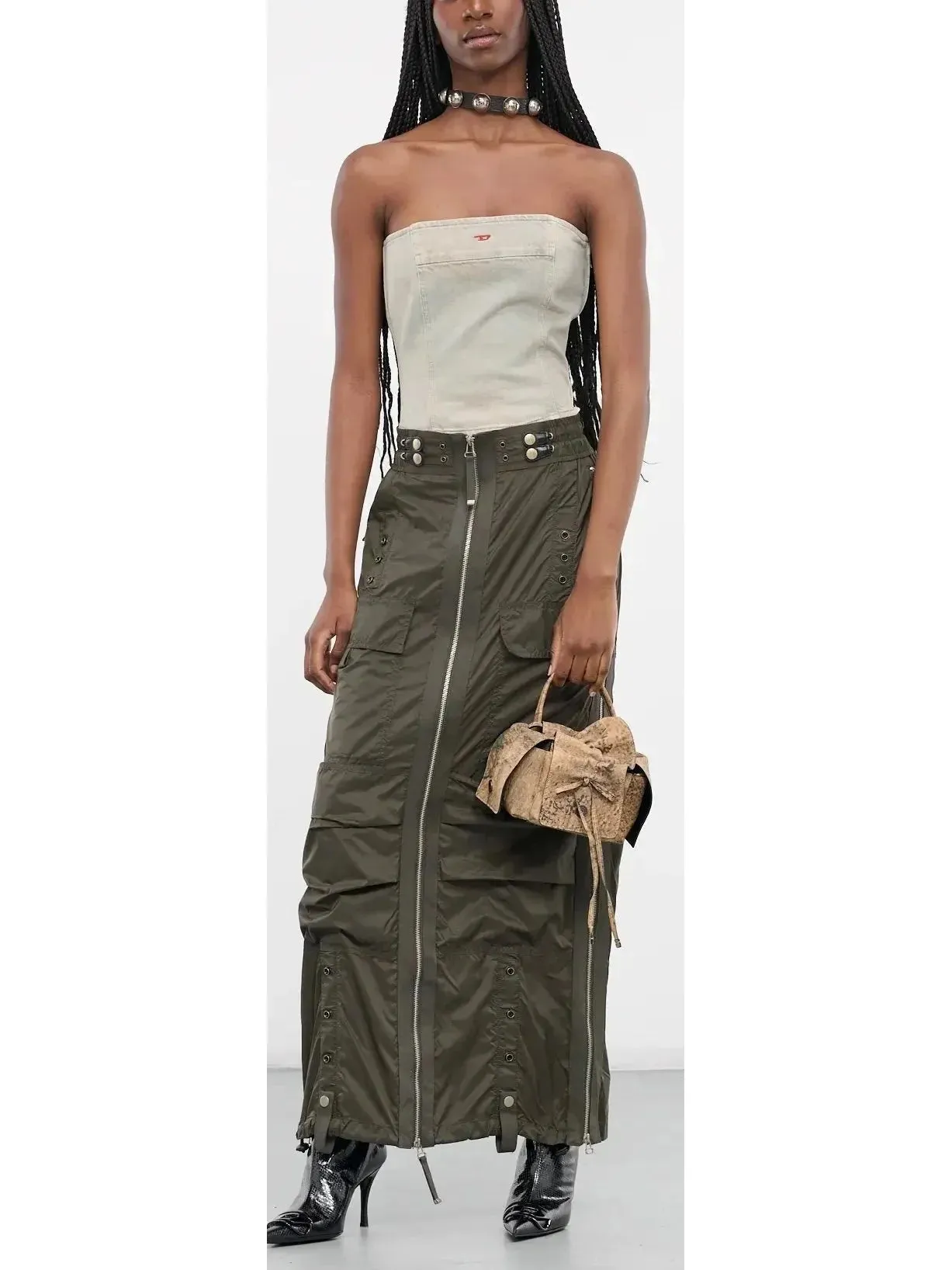 Cargo Maxi Zip Skirt in Dark Green