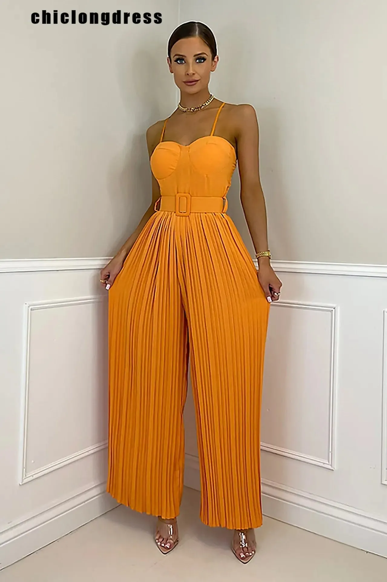 Casual Suspenders Long Jumpsuit Sleeveless Sashes & Pleated Wide Leg Pants