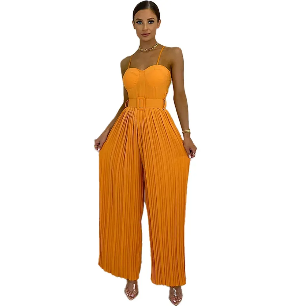 Casual Suspenders Long Jumpsuit Sleeveless Sashes & Pleated Wide Leg Pants