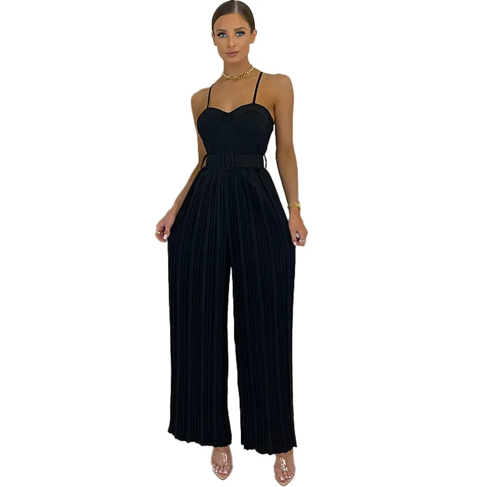 Casual Suspenders Long Jumpsuit Sleeveless Sashes & Pleated Wide Leg Pants