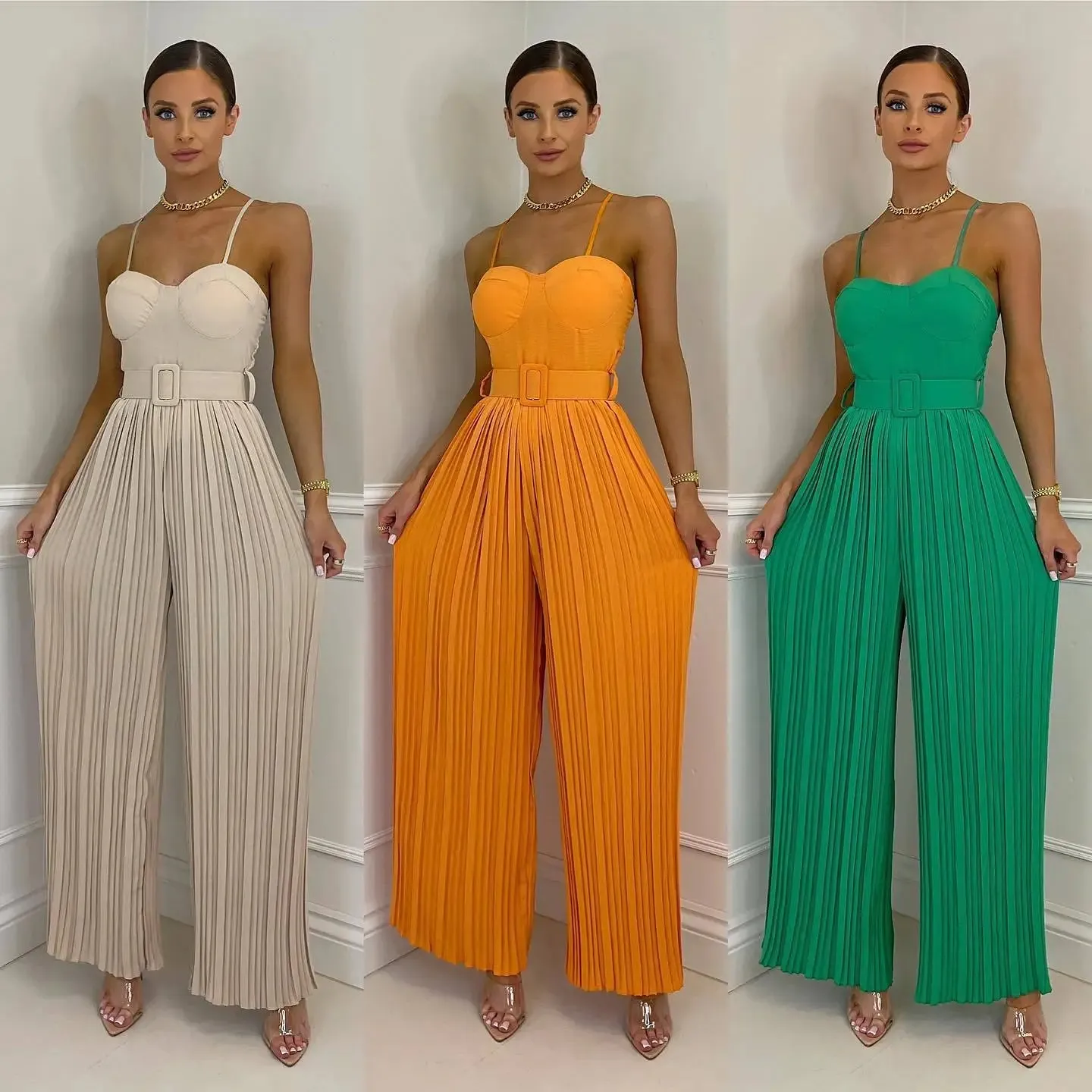 Casual Suspenders Long Jumpsuit Sleeveless Sashes & Pleated Wide Leg Pants