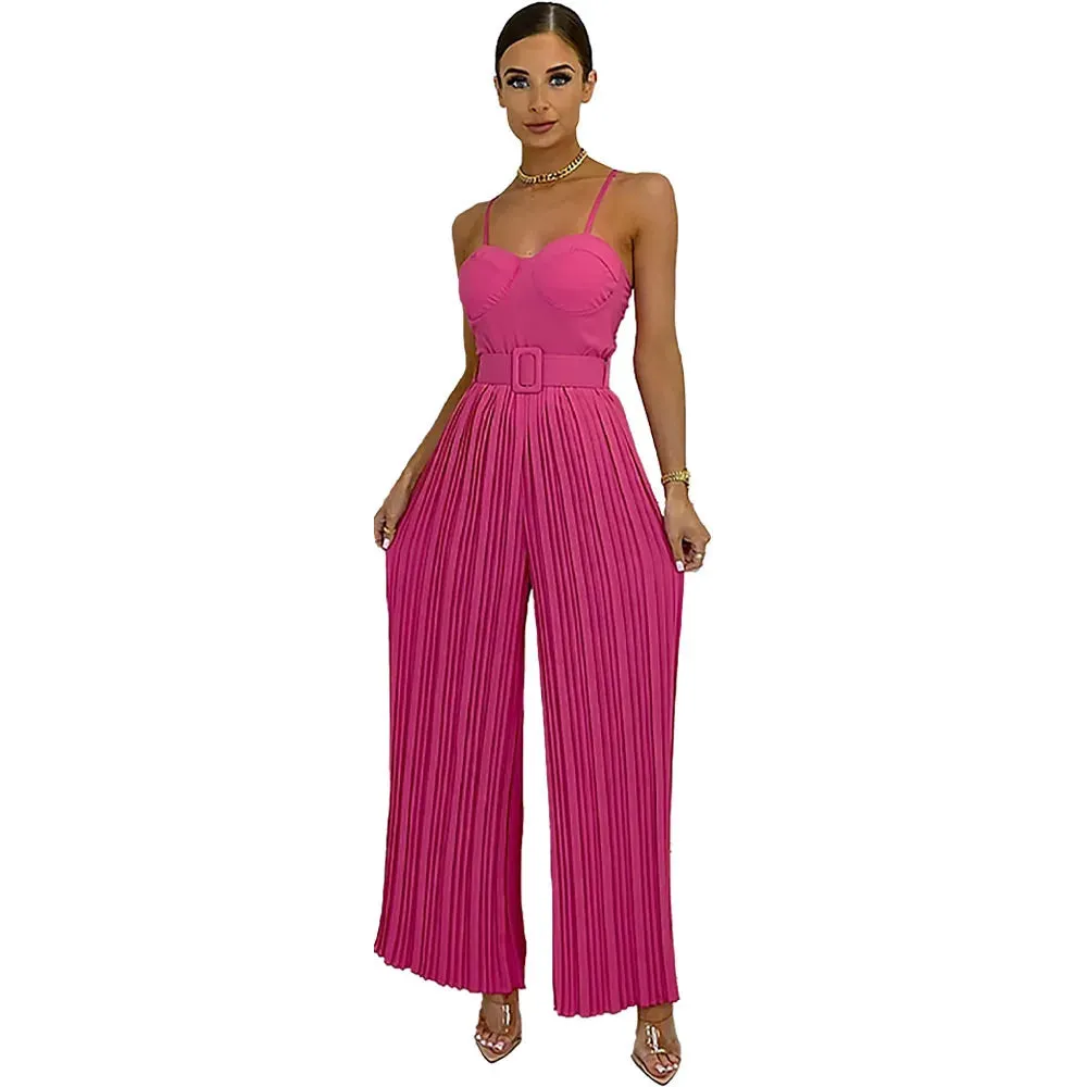 Casual Suspenders Long Jumpsuit Sleeveless Sashes & Pleated Wide Leg Pants