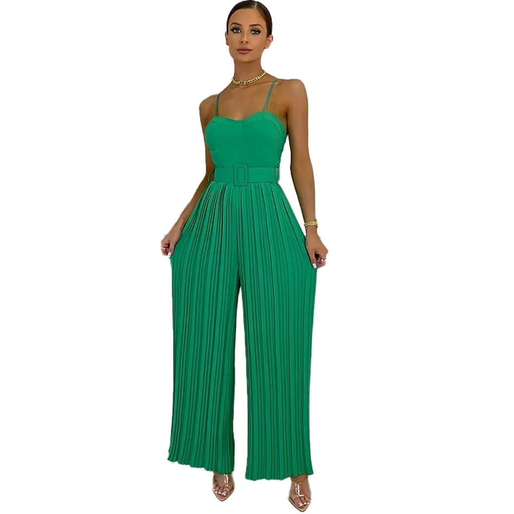 Casual Suspenders Long Jumpsuit Sleeveless Sashes & Pleated Wide Leg Pants