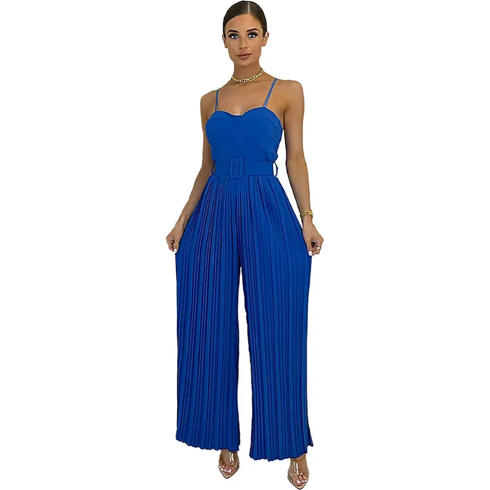 Casual Suspenders Long Jumpsuit Sleeveless Sashes & Pleated Wide Leg Pants