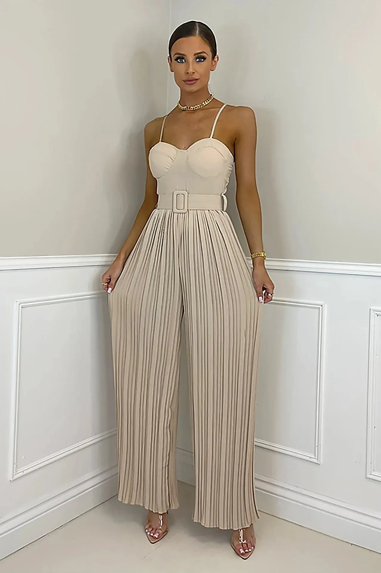 Casual Suspenders Long Jumpsuit Sleeveless Sashes & Pleated Wide Leg Pants