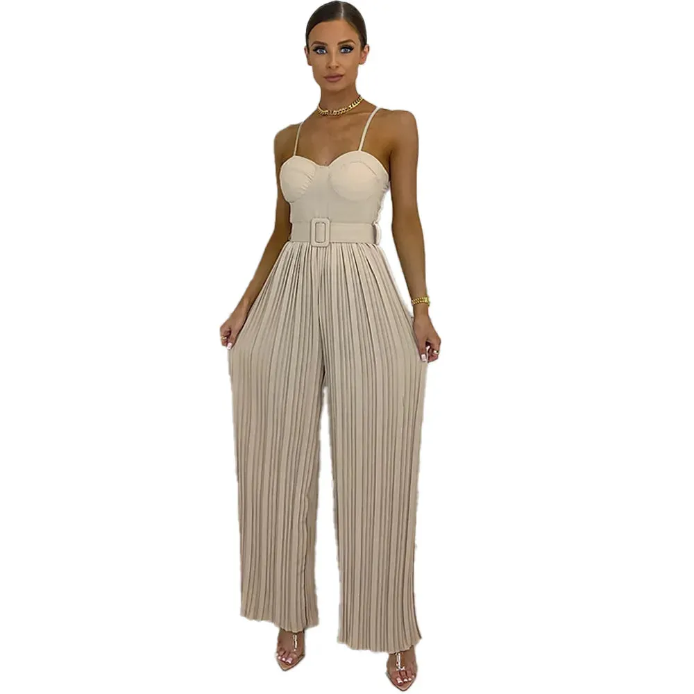 Casual Suspenders Long Jumpsuit Sleeveless Sashes & Pleated Wide Leg Pants