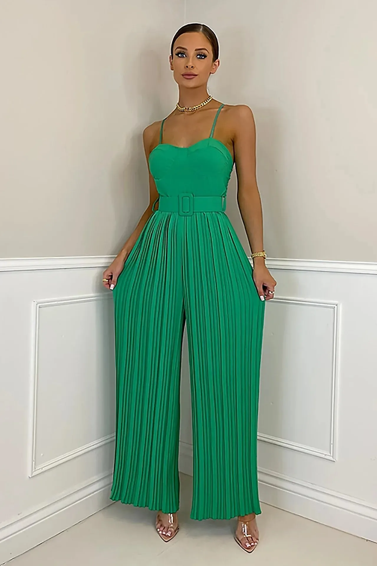 Casual Suspenders Long Jumpsuit Sleeveless Sashes & Pleated Wide Leg Pants