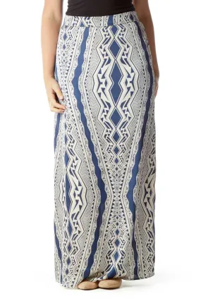 Cream Blue Tribal Print Maxi Skirt