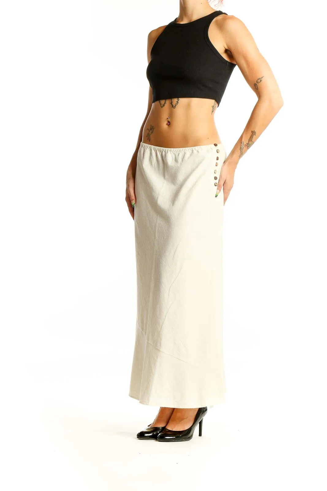 Cream Cotton A-Line Maxi Skirt