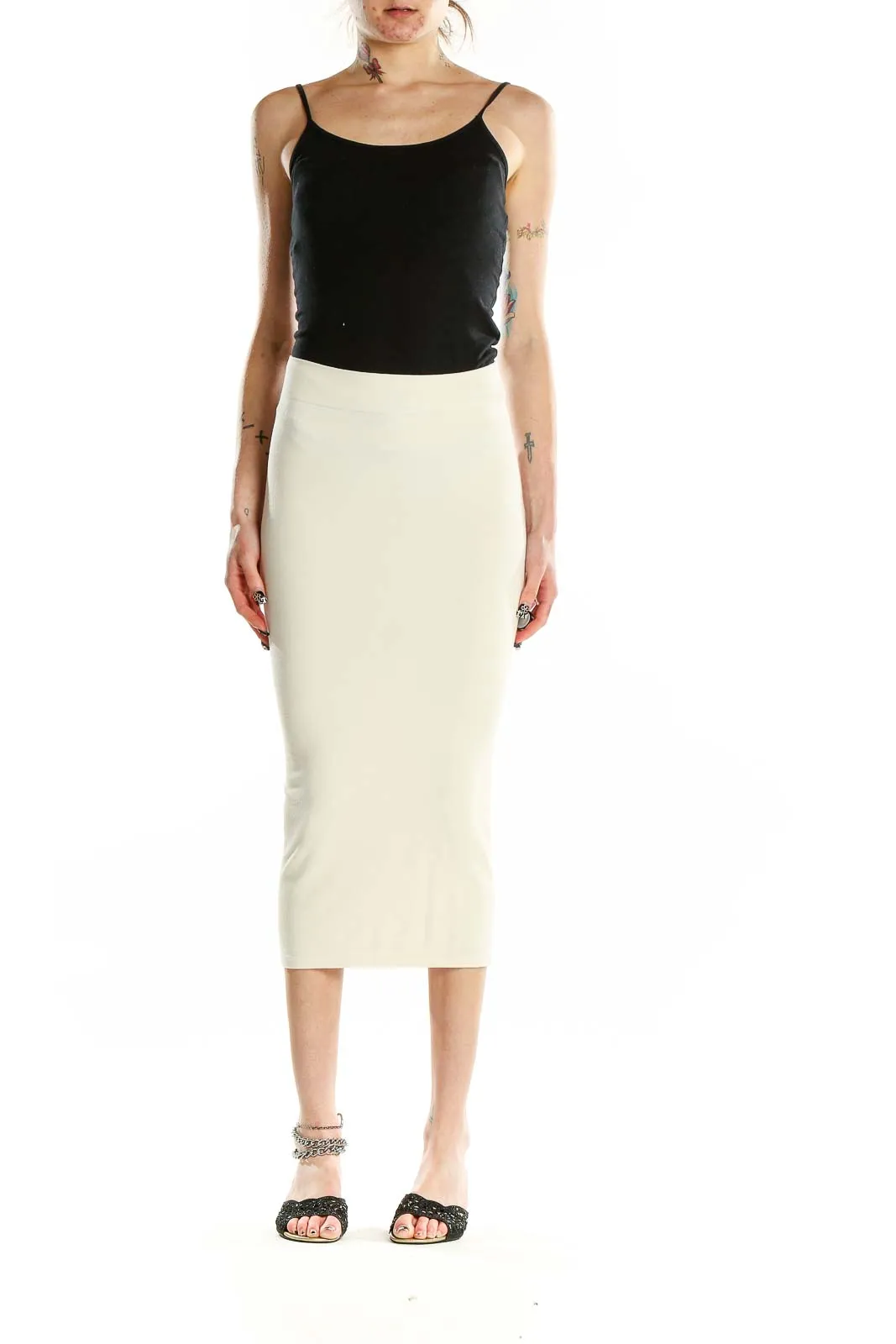 Cream Fitted Midi Skirt