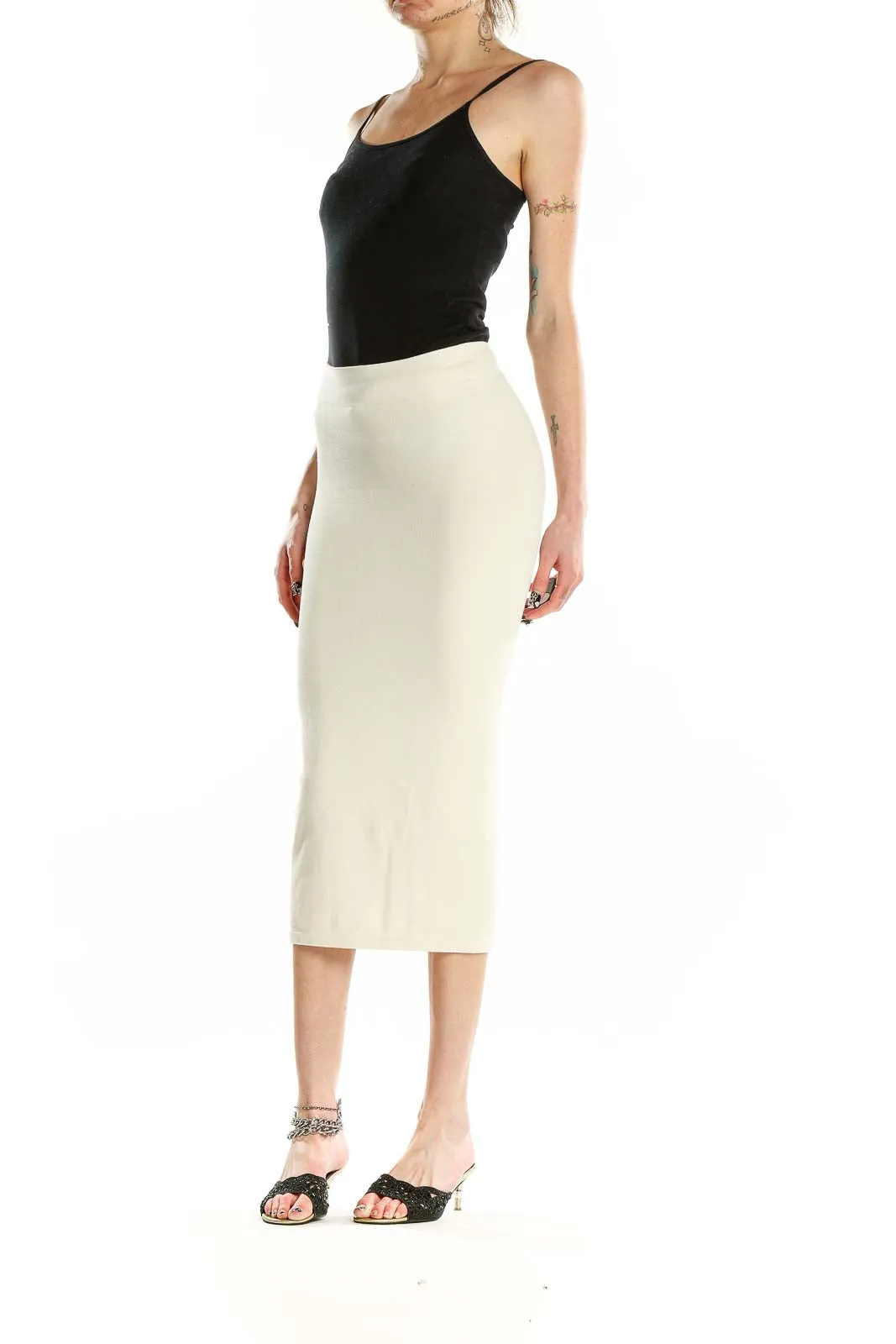 Cream Fitted Midi Skirt