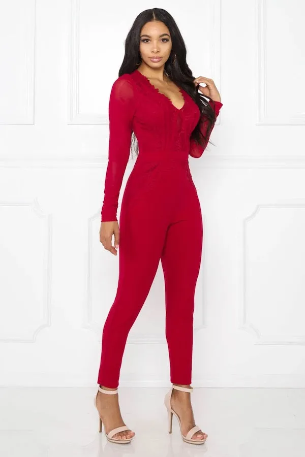 Crotchet Lace & Binding Mesh Long Sleeve Jumpsuit