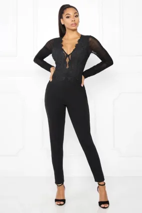 Crotchet Lace & Binding Mesh Long Sleeve Jumpsuit