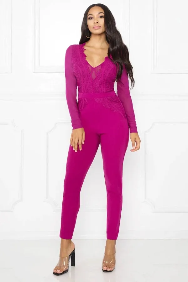 Crotchet Lace & Binding Mesh Long Sleeve Jumpsuit