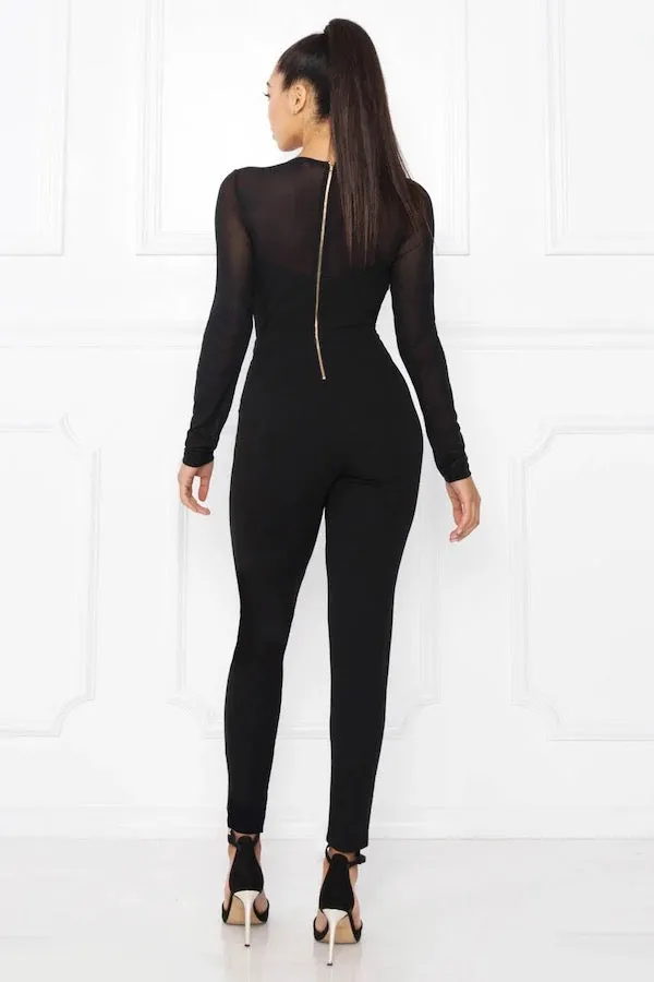 Crotchet Lace & Binding Mesh Long Sleeve Jumpsuit