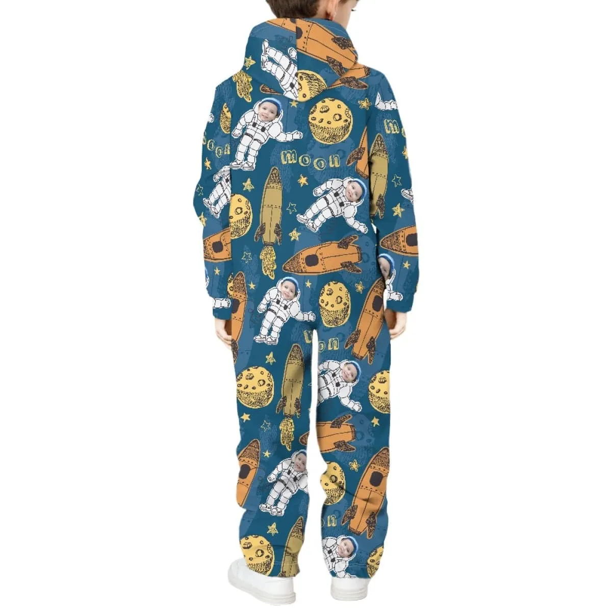 Custom Face Astronaut Unisex Jumpsuits Zip Up Hoodie Onesie with Pockets for Kids Boys Girls