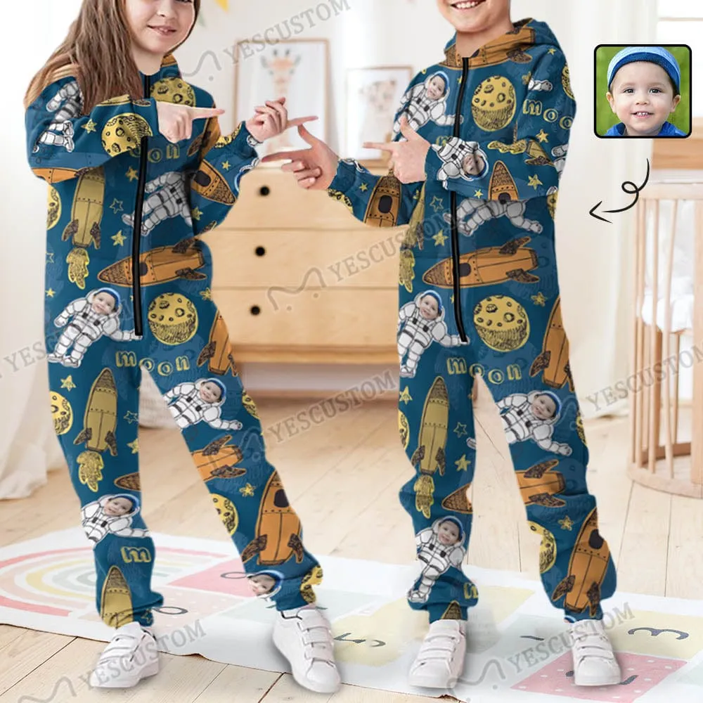 Custom Face Astronaut Unisex Jumpsuits Zip Up Hoodie Onesie with Pockets for Kids Boys Girls