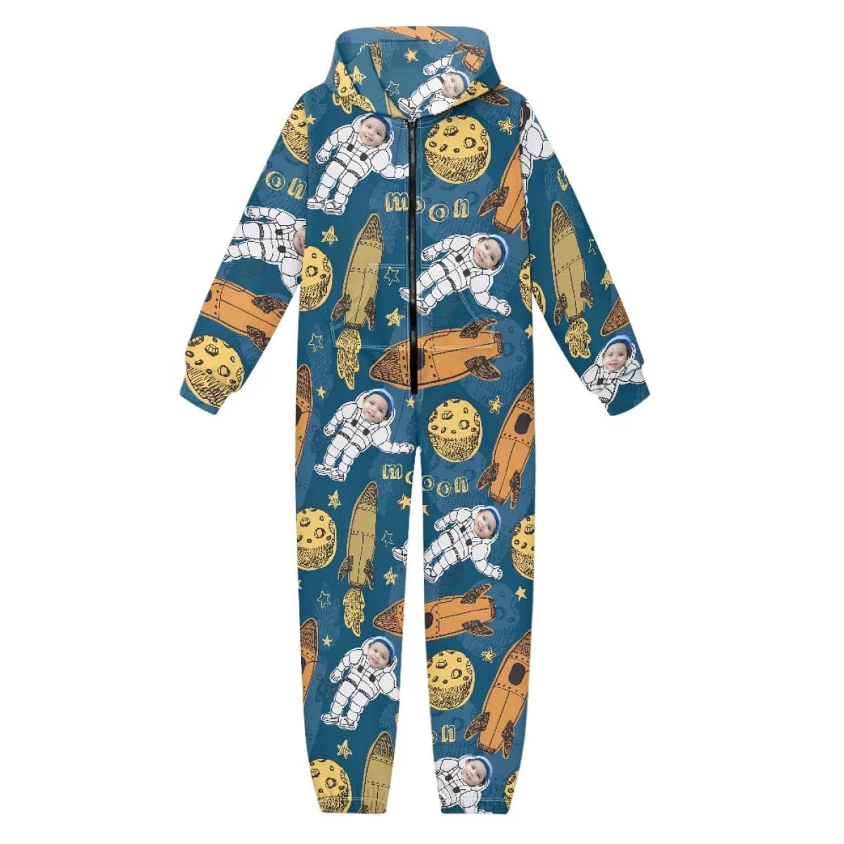 Custom Face Astronaut Unisex Jumpsuits Zip Up Hoodie Onesie with Pockets for Kids Boys Girls