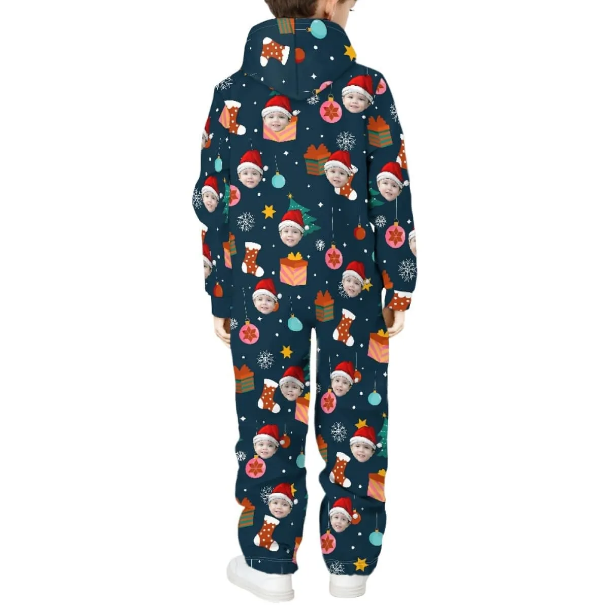 Custom Face Christmas Santa Hat Unisex Jumpsuits Zip Up Hoodie Onesie with Pockets for Kids Boys Girls